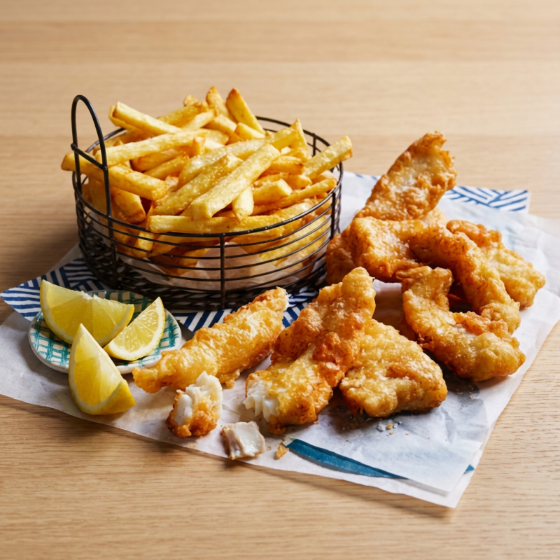 Prato típico da culinária do Reino Unido Consiste em um delicioso peixe frito envolvido num polme, acompanhado por batatas fritas e molho tartaro. foto ilustrativa, pode sofrer variacoes. serve 2 pessoas.