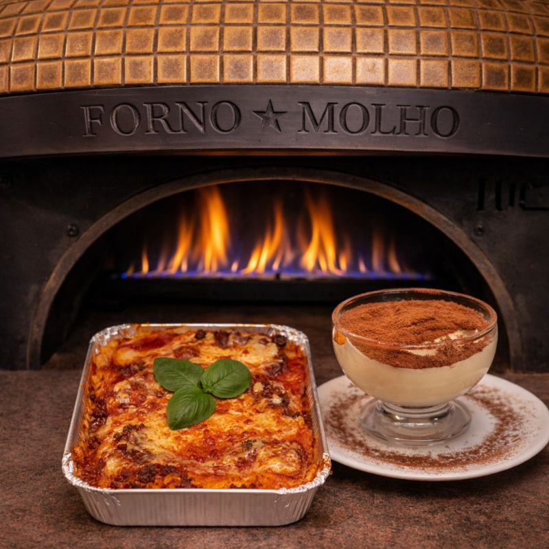 Lasanha de massa fresca com molho a bolonhesa, mozarela e molho bechamel. Acompanha arroz branco e leva junto um classico Tiramisu totalmente GRÁTIS