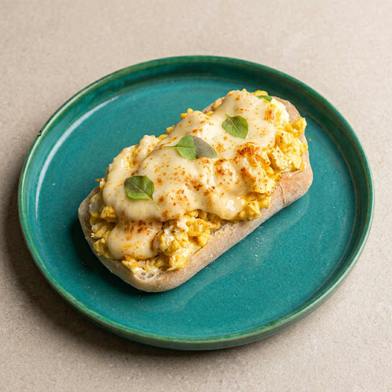 Pão italiano de fermentação natural com ovos cremosos, uma fatia de mussarela gratinada e folhas de manjericão.