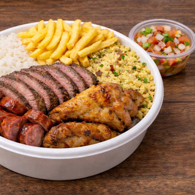 Alcatra fatiada, linguiça suína, 1 coxinhas da asa, arroz soltinho, farofa especial, batata frita e vinagrete .