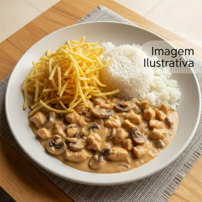 Estrogonofe de frango cremoso, servido com arroz e fritas.