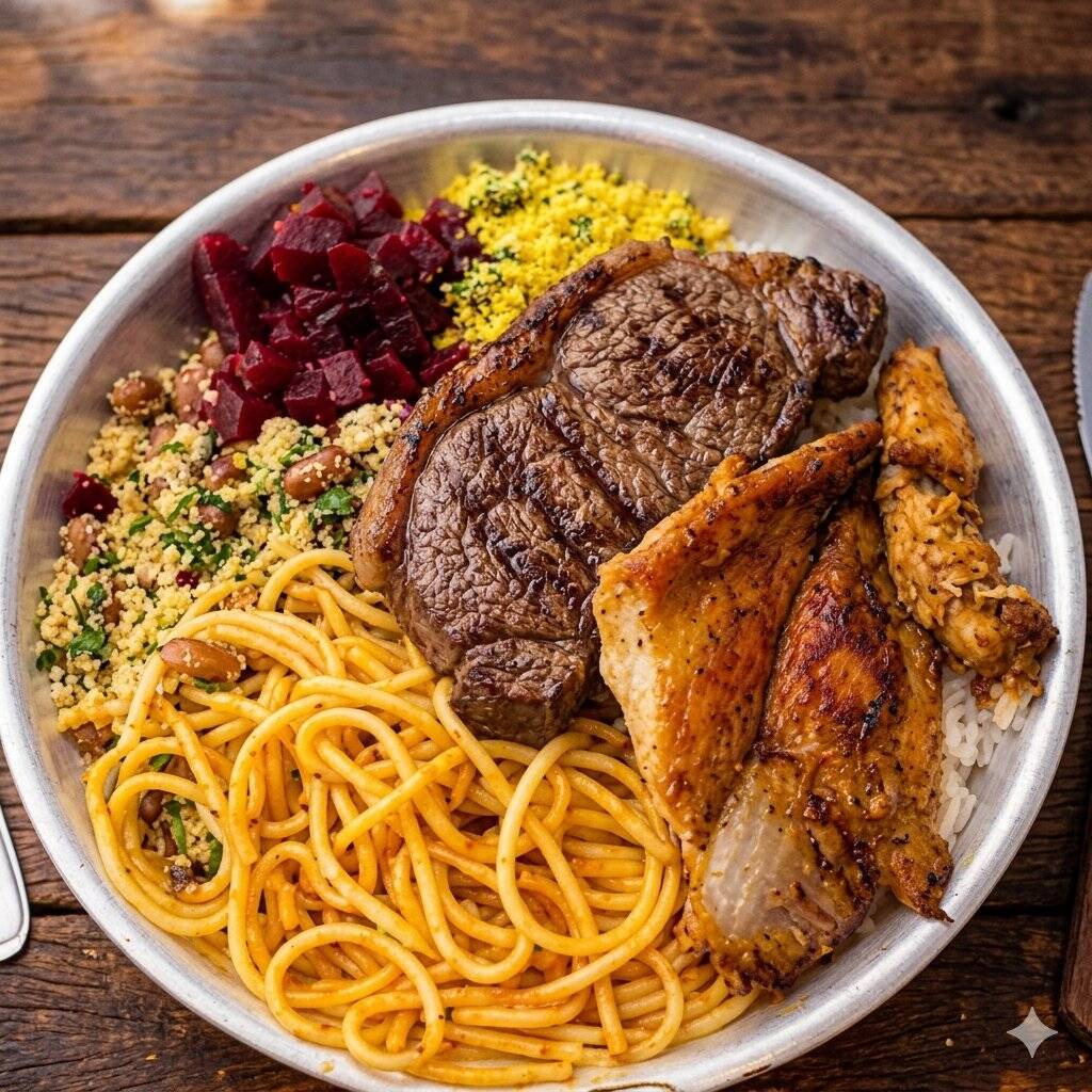 Deliciosa comida caseira, todos insumos frescos e preparados na hora , acompanha ARROZ BRANCO SOLTINHO, FEIJÃO DE CALDO CREMOSO , MACARRÃO ESPAGUETE BEM TEMPERADO, LEGUMES OU SALADA E AS CARNES .