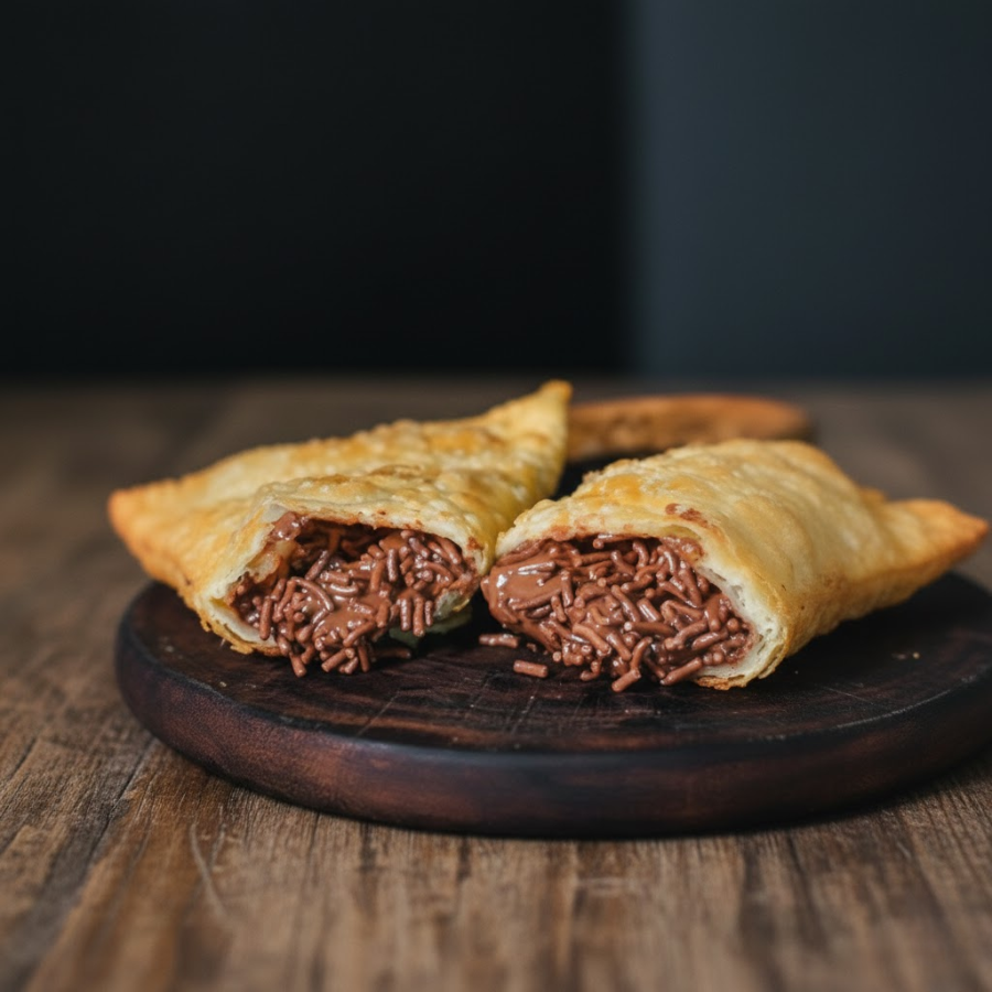 Desfrute do nosso Pastel de Brigadeiro, um deleite irresistível com dimensões de 20x6cm. A massa, crocante e sequinha, envolve o recheio generosamente distribuído de ponta a ponta. O brigadeiro, nossa estrela, é deliciosamente preparado e oferece uma experiência doce inigualável. Nosso pastel é cuidadosamente preparado e frito na hora, garantindo máxima frescura e sabor. Imagem meramente ilustrativa.