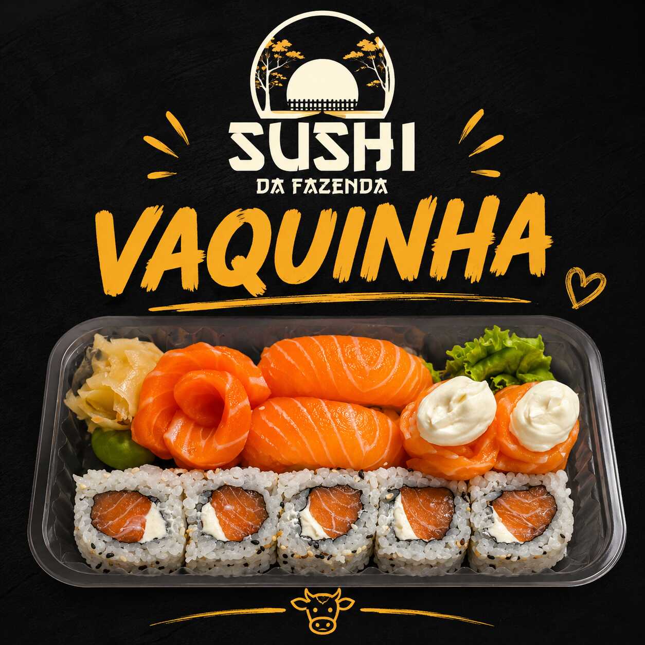 5 Uramaki Philadelfia
2 Sushi salmão
2 Joe salmão com cream cheese
2 Sashimi Salmão
Kit molho: 3 Shoyo, 1 Hashi, Wassabi e Gengibre.