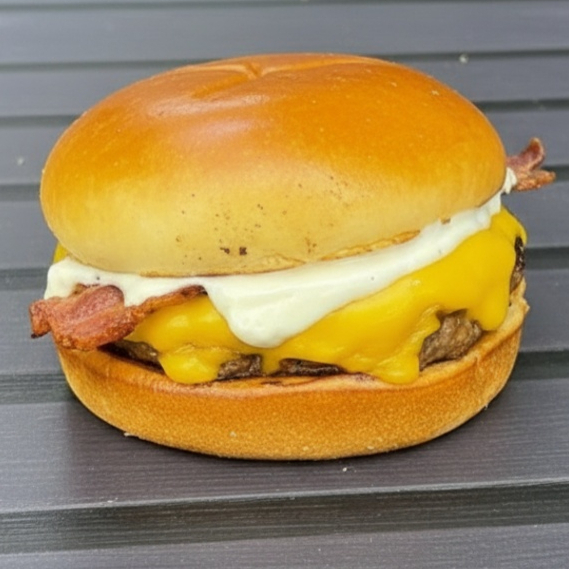 Uma experiência irresistível para quem não abre mão de muito bacon. Preparado no pão brioche macio, com hambúrguer suculento de 150g, queijo cheddar cremoso, bastante bacon crocante e a exclusiva maionese grill, o combo acompanha uma porção pequena de batata frita e um refrigerante pequeno bem gelado, formando uma refeição completa, suculenta e cheia de sabor.