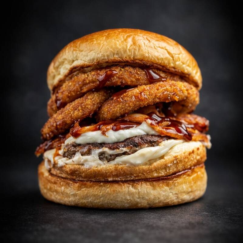 Pão de brioche selado, maionese hellmann's, hambúrguer artesanal de 120g, queijo Cream cheese, tiras de bacons, cebola empanada, molho tasty Kones e molho barbecue que é de dar água na boca. Combinação de anéis de cebola empanada clocante com bacon... 'meee... Tem chance de da elado?' <3