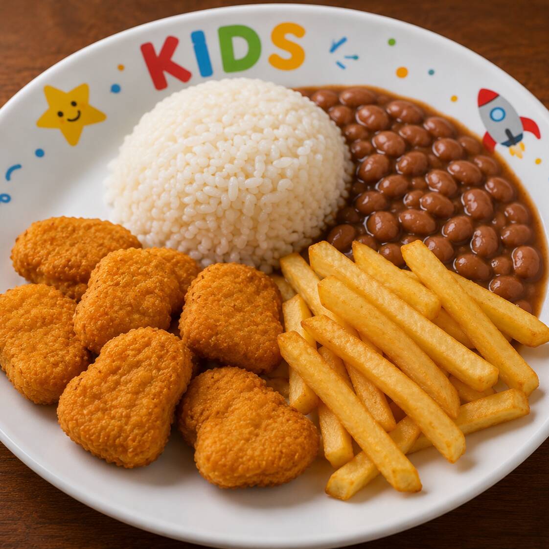 Nuggets de frango crocantes, acompanhados de arroz, feijão e batata frita. Uma opção prática e deliciosa para os pequenos.