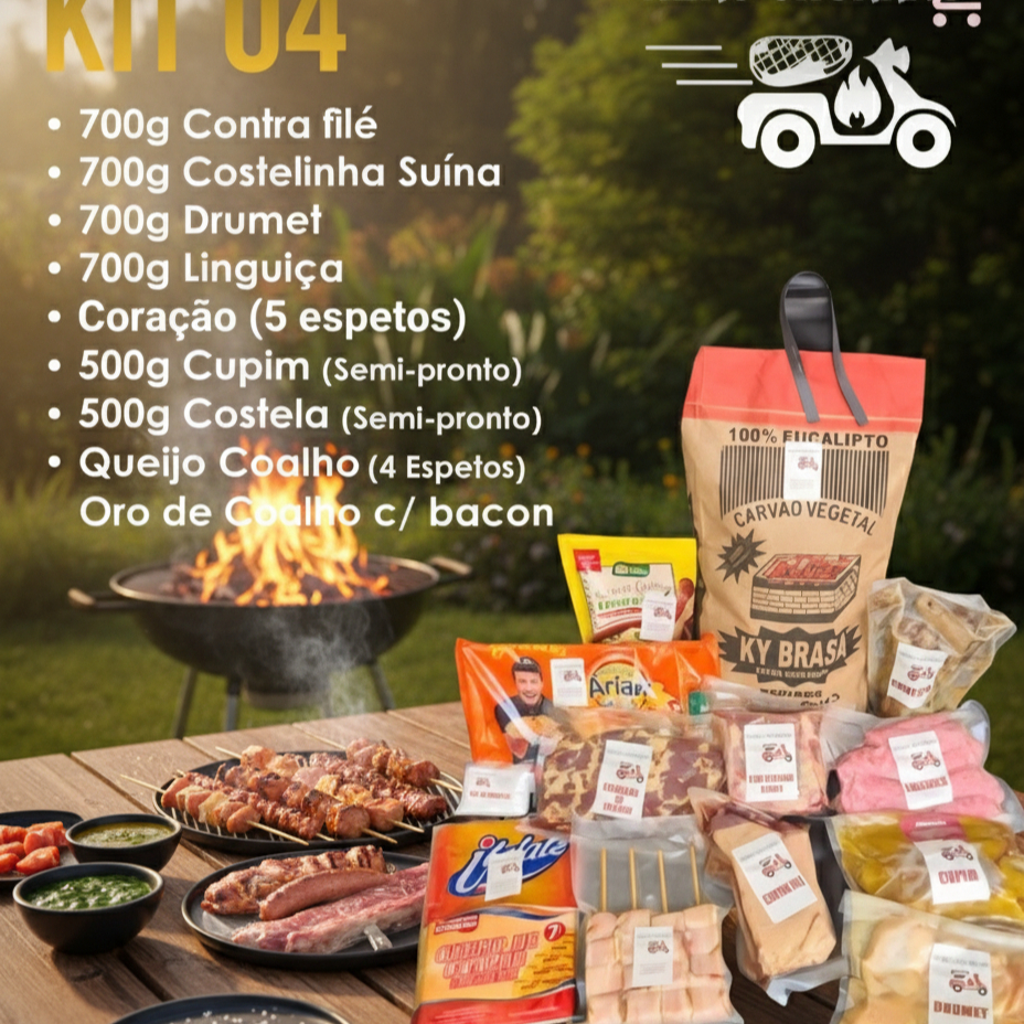Kit para aprox. 11 pessoas. Contra filé Grill (700g) Costelinha Suína (700g) *semipronta. Cupim *semipronto (500g) Costela *semipronta (500g) Drumet (700g) com tempero especial Kero Churras. Coração de frango no shoyu (5 espetos) Linguiça suína (700g) Queijo coalho (4 Espetos) Queijo coalho com bacon (4 Espetos) 1 Pct Pão de Alho 1 Pct de Farofa (300g) Sal de Parrilla (100g) 1 Saco de carvão (3kg) * itens semiprontos, basta finalizar por aprox. 30 min. Na churrasqueira.