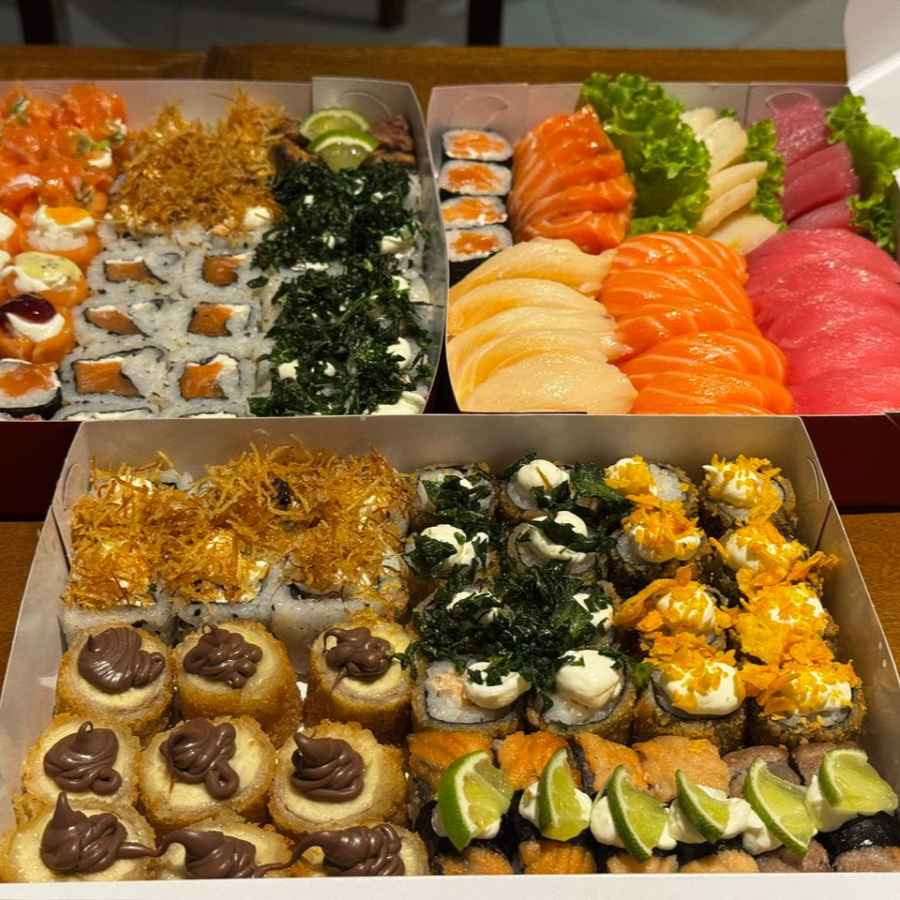 *[Não Alteramos itens}*
8x Sashimi de salmão
8x Sashimi de atum
8x Sashimi de peixe branco
6x Niguiri de salmão
6x Niguiri de atum
6x Niguiri de peixe branco
6x Niguiri de skin
6x Jou de salmão
6x Jou com geleia
8x Uramaki Filadélfia
8x Uramaki de salmão
8x Uramaki de skin
8x Hossomaki de salmão
8x Hot-Holl com couve
8x Hot-Holl com creme cheese
8x Hot-Holl de banana