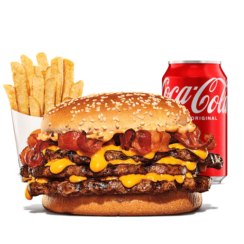 Um hambúrguer com três carnes bovinas grelhadas de 113g, pão com gergelim, cheddar cremoso, fatias de bacon crocante e o exclusivo molho bk stacker. Acompanha batata frita e bebida.