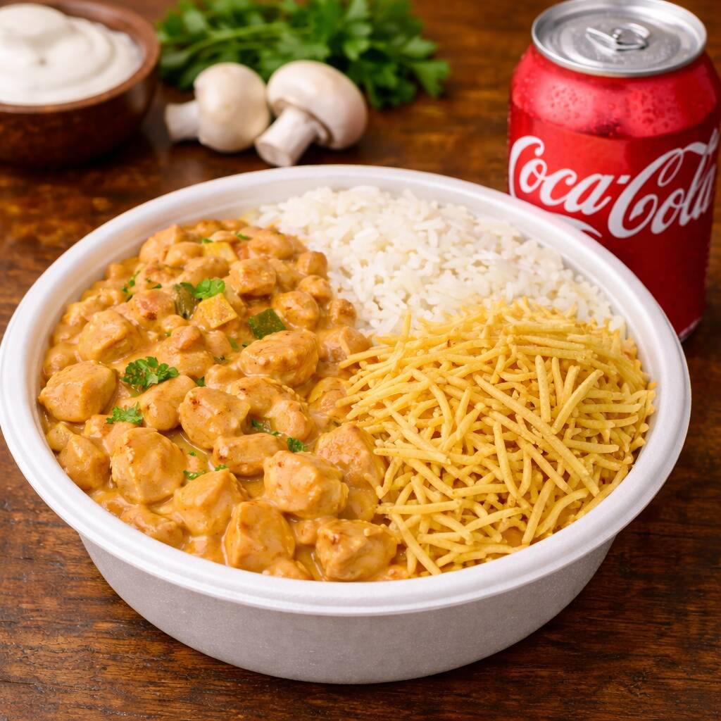 Marmita de strogonoff de frango com arroz e batata palha, acompanhada de um refrigerante lata de sua escolha.