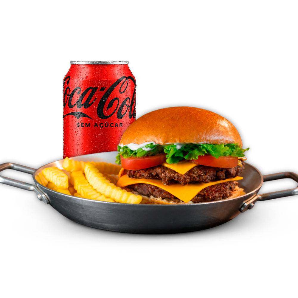 Pão de brioche, maionese Hakuna, cheddar fatiado, salada e duplo burguer smash 70g.