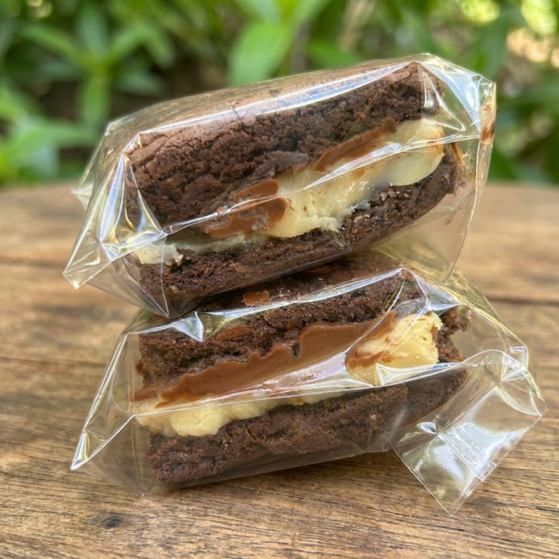 Dois brownies artesanais de chocolate com casquinha levemente crocante e interior super macio, recheados com brigadeiro cremoso de Ninho e muita Nutella. Um sanduíche de brownie extremamente recheado, cremoso e viciante — impossível comer só um.