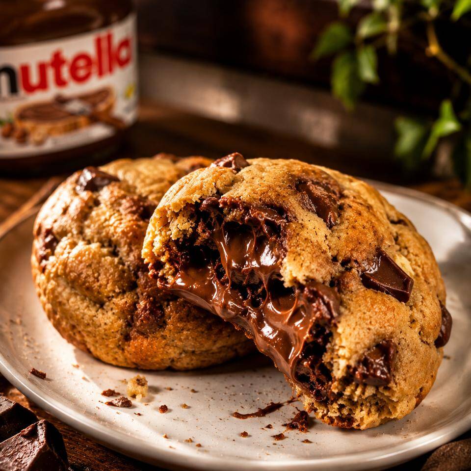 Delicioso Biscoito De Cookie Recheado Com Nutella e Gotas de Chocolate.