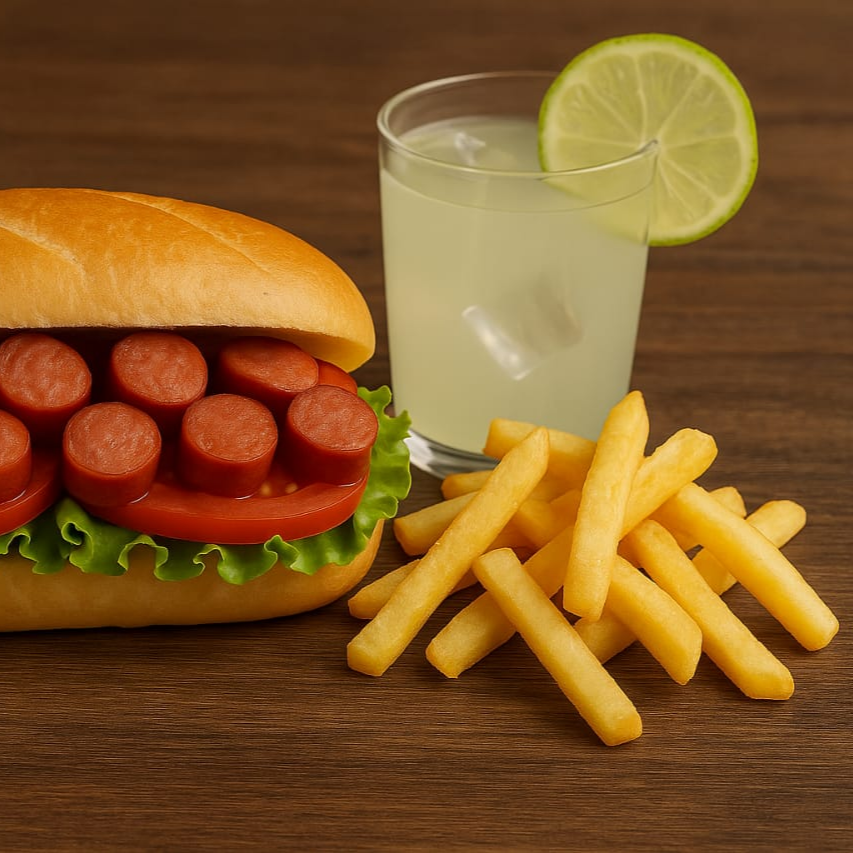 TORTA DE SALCHICHA CON PAPAS FRITAS Y AGUA DE LIMO