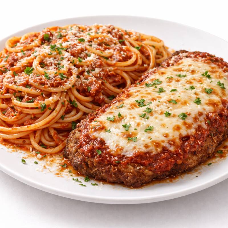 Espaguetis con salsa roja y pollo a la parmesana