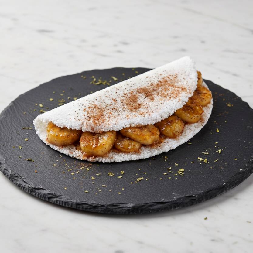 Uma deliciosa tapioca recheada com banana fatiada, queijo muçarela derretido e um toque especial de canela, trazendo o equilíbrio perfeito entre o doce e o salgado.