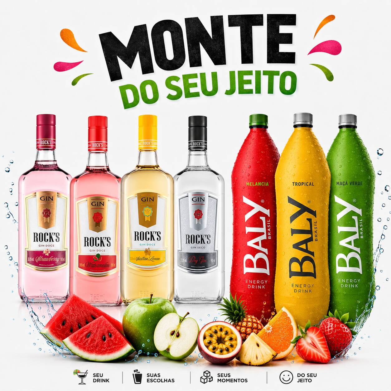 escolha até 5 gelos, 1 energético a sua escolha e uma garrafa 1 litro de gin do seu sabor favorito