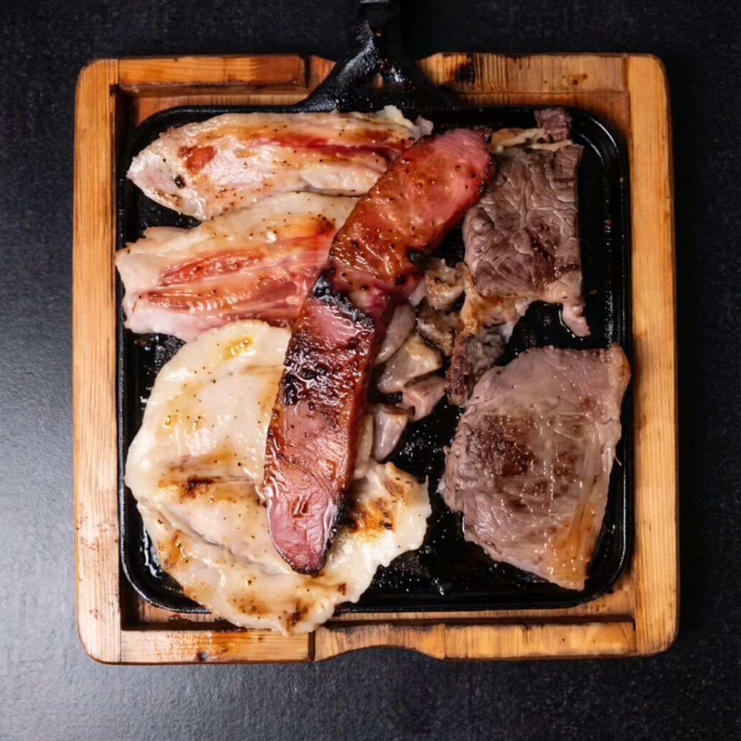 Arroz feitinho na hora, soltinho, e feijão temperado no alho, com caldo encorpado. No fogo alto, um mix de cortes no ponto Lombo suíno temperado com ervas, bem dourado, suculenta; medalhão de frango com toque de páprica, úmido por dentro; e linguiça toscana assada lentamente para ficar crocante por fora. Uma marmita farta e saborosa. Lemrbrando que é um mix podendo ou nao conter todos os itens