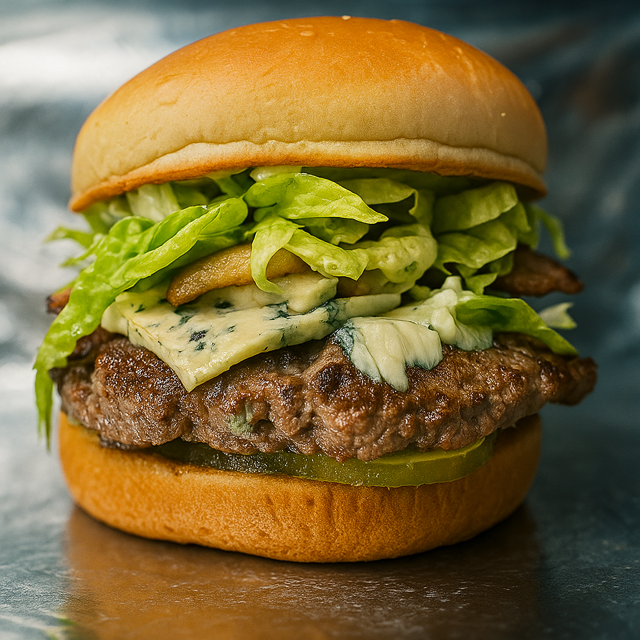 BURGER 150G, QUEIJO GORGONZOLA, ALFACE AMERICANA, PEPINO EM CONSERVA BACON CROCANTE, MOLHO E MEL NO PÃO DE BRIOCHE ( LUXO PURO).