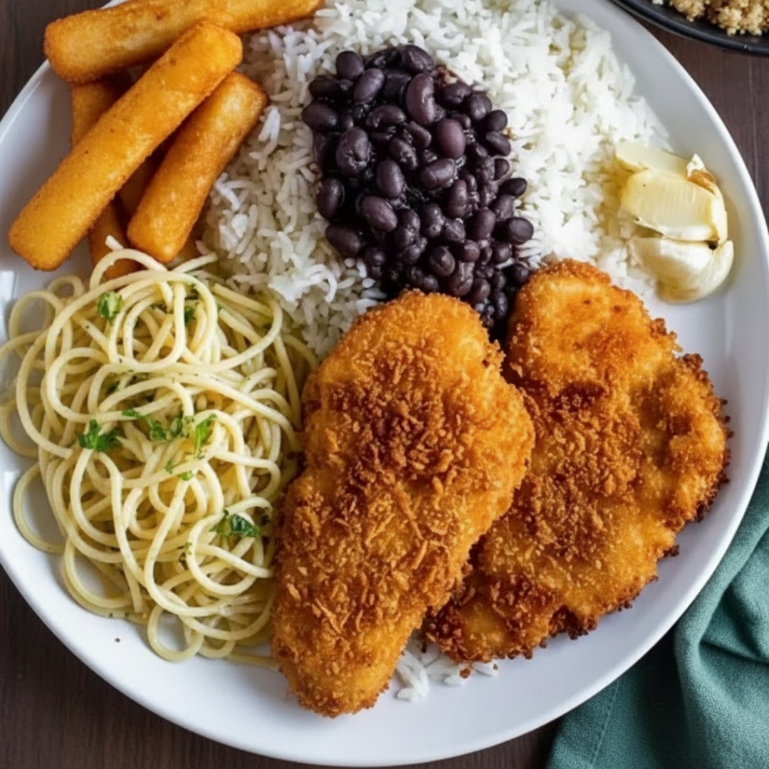 Frango suculento empanado na farinha artesanal da casa, junto com feijão, arroz soltinho, macarrão do Dia, farofa da casa e batata frita artesanal.