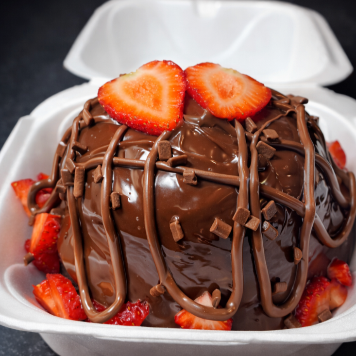 Bolo de chocolate com morango uma combinação perfeita, o bolo vulcão que vai trazer aquela explosão de sabor! Uma massa de chocolate blend que desmancha na boca, recheado no centro com geleia de morango artesanal, coberto com brigadeiro blend cremoso quentinho, fios de creme de avelã e morango in-natura chegando quentinho, no conforto do seu lar!