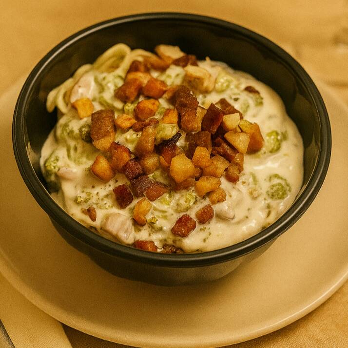 Macarrão Carbonara Massa envolvida em molho branco cremoso, com bacon crocante, brócolis levemente salteado e toque de parmesão. Sabor marcante e equilíbrio perfeito em cada detalhe.