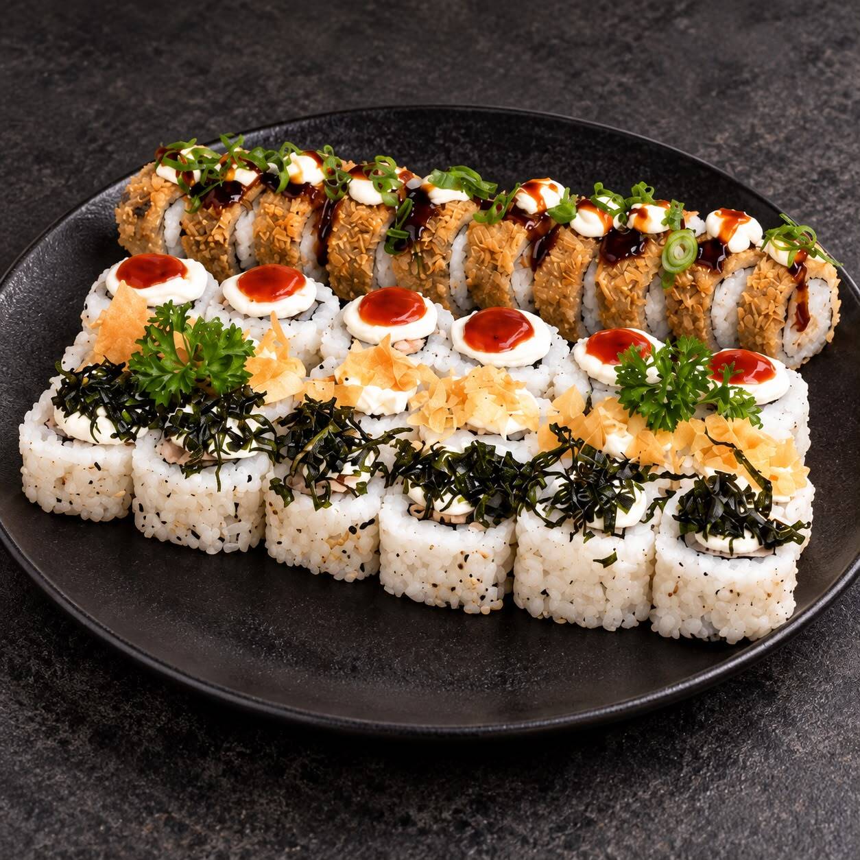 10 hot holls, 6 uramakis de salmão grelhado com geleia de pimenta, 6 uramakis salmão grelhado com crispy de harumaki e 6 uramakis de salmão grelhado com crispy de couve.