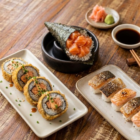 1 Temaki de salmão 5 - Carioca de salmão grill 5 - Niguiri de skin Apresentamos o 'Experience', uma escolha excepcional para os amantes de sushi, da nossa categoria 'Combo Que a Gente Ama!'. Este prato primorosamente preparado inclui um delicioso Temaki de Salmão, repleto de sabor e textura. Além disso, você degustará cinco peças do nosso Carioca de Salmão Grill, uma receita que equilibra perfeitamente o sabor único do salmão grelhado. E para completar, cinco peças de Niguiri de Skin, sushi tradicional que ganha um toque especial com a pele de peixe crocante e saborosa. Uma experiência gastronômica inesquecível!