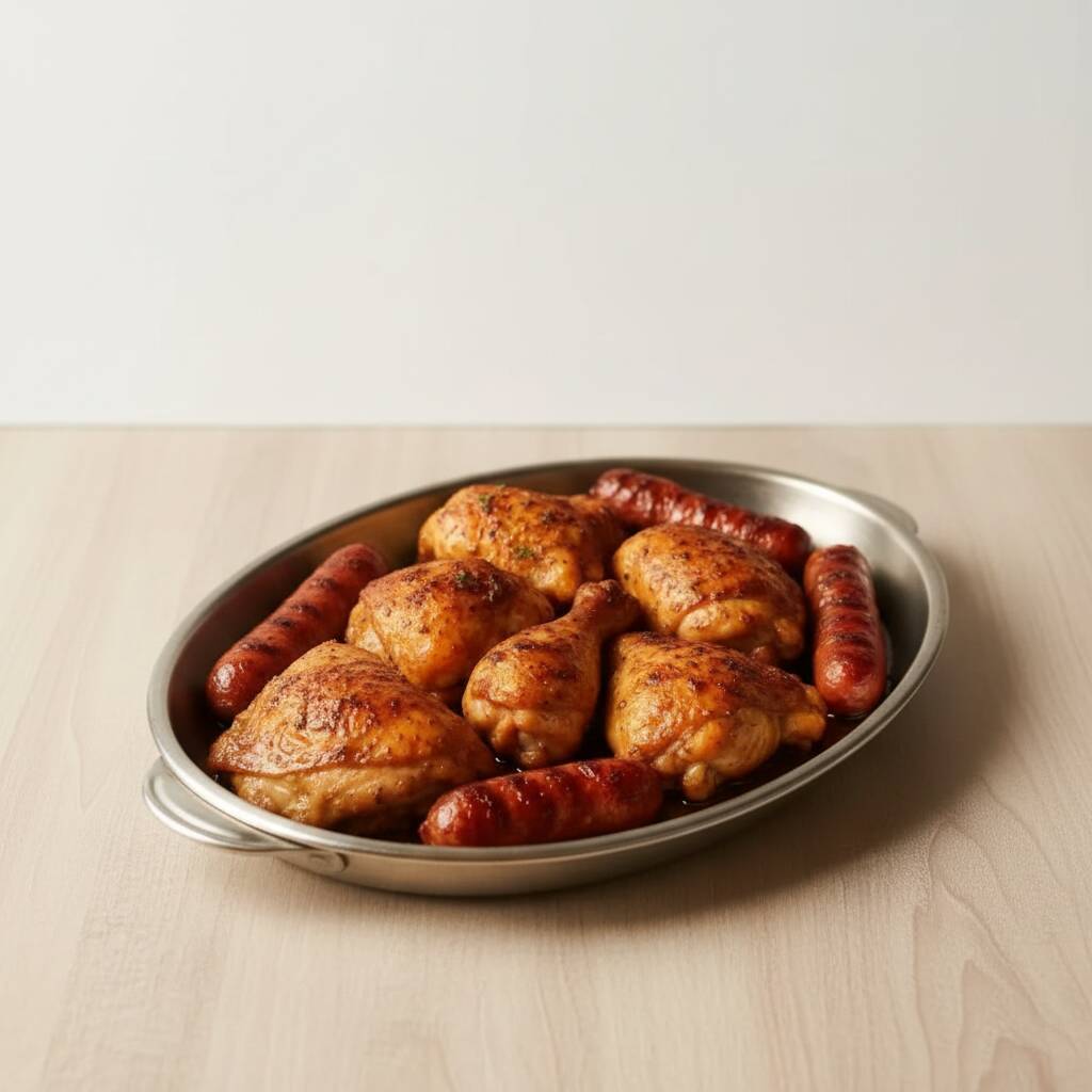 2 sobrecoxa de frango, feijão tropeiro, arroz temperado, farofa e vinagrete
