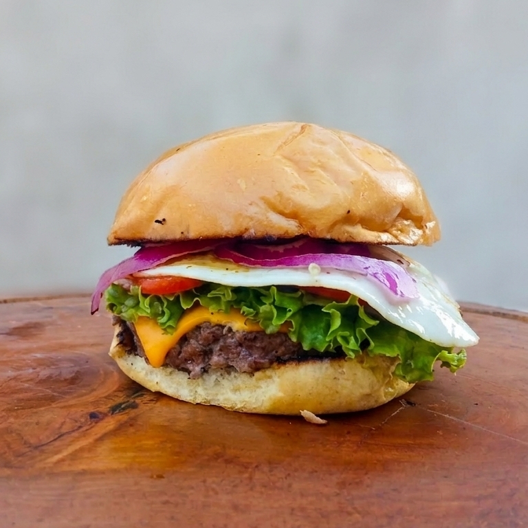 Burger artesanal, queijo cheddar derretido, ovo, alface, tomate e cebola roxa, servidos no pão brioche amanteigado. O clássico salada com ovo que nunca falha!
