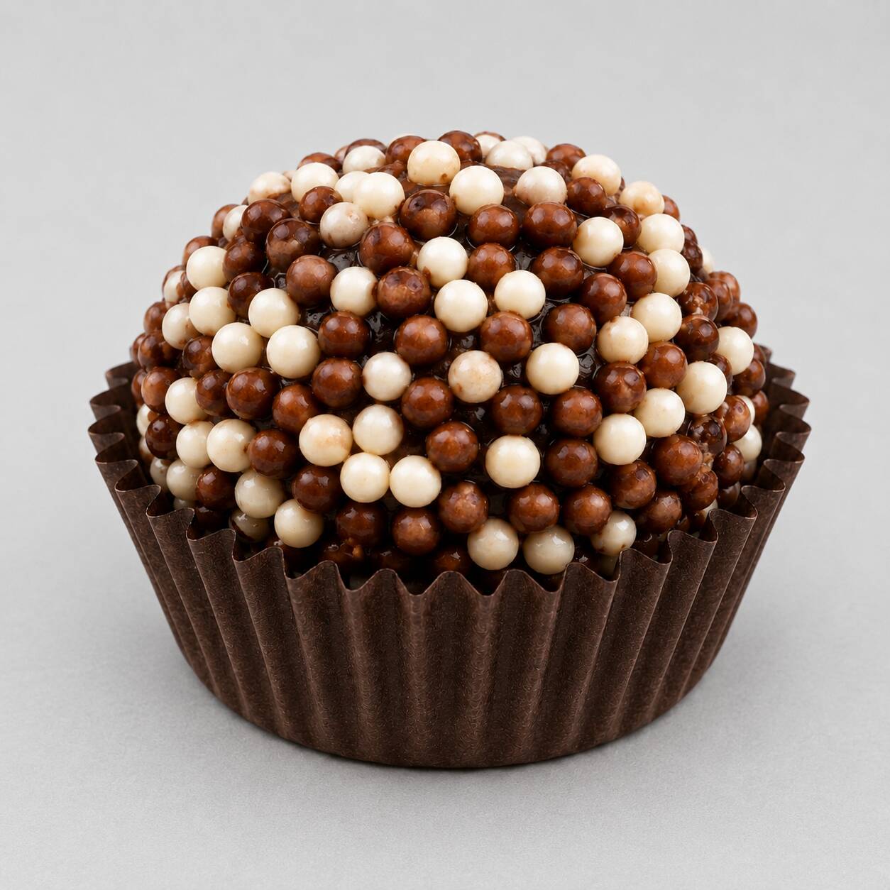 Brigadeiro de chocolate coberto com crocantes bolinhas de chocolate branco e ao leite. Mais textura e sabor a cada mordida.