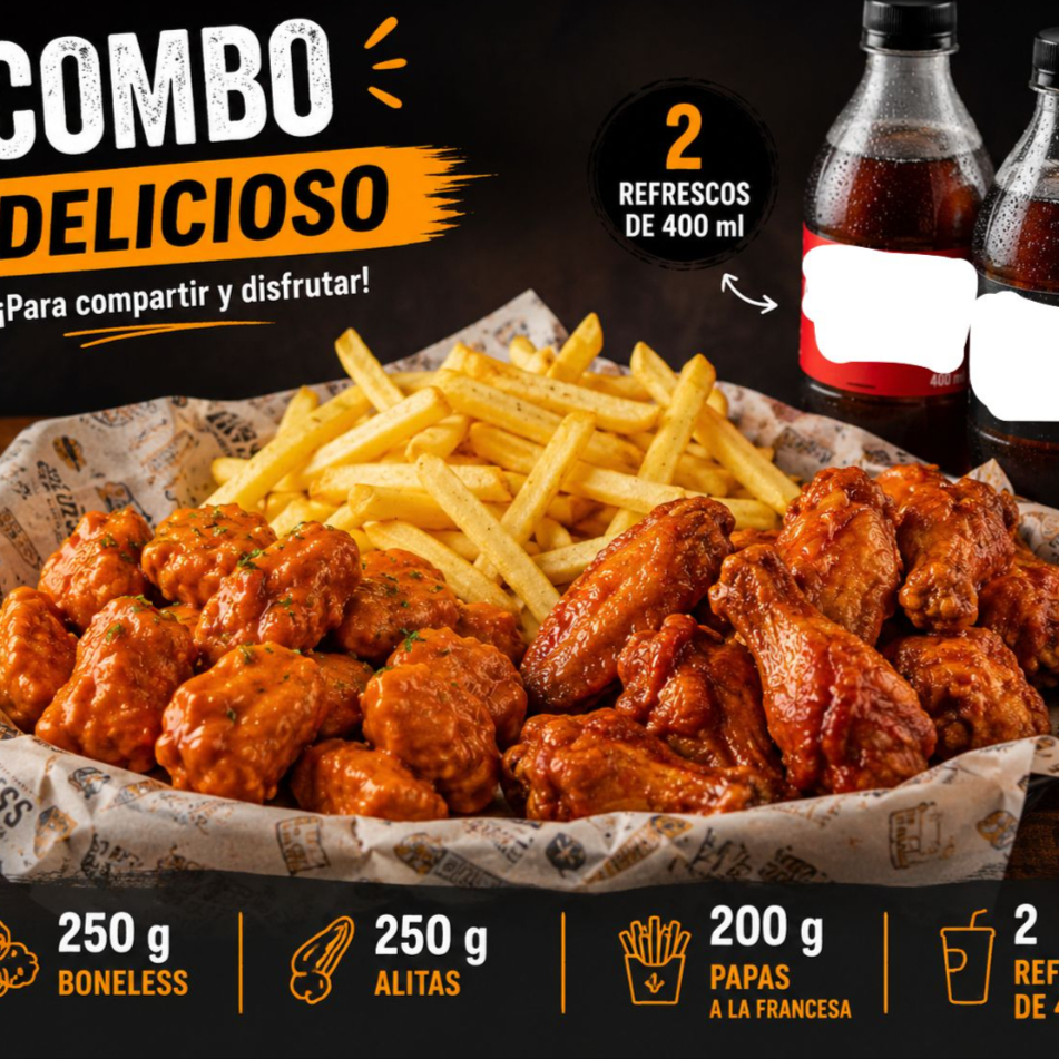 Alitas y Boneless + Papas + 2 Refrescos
