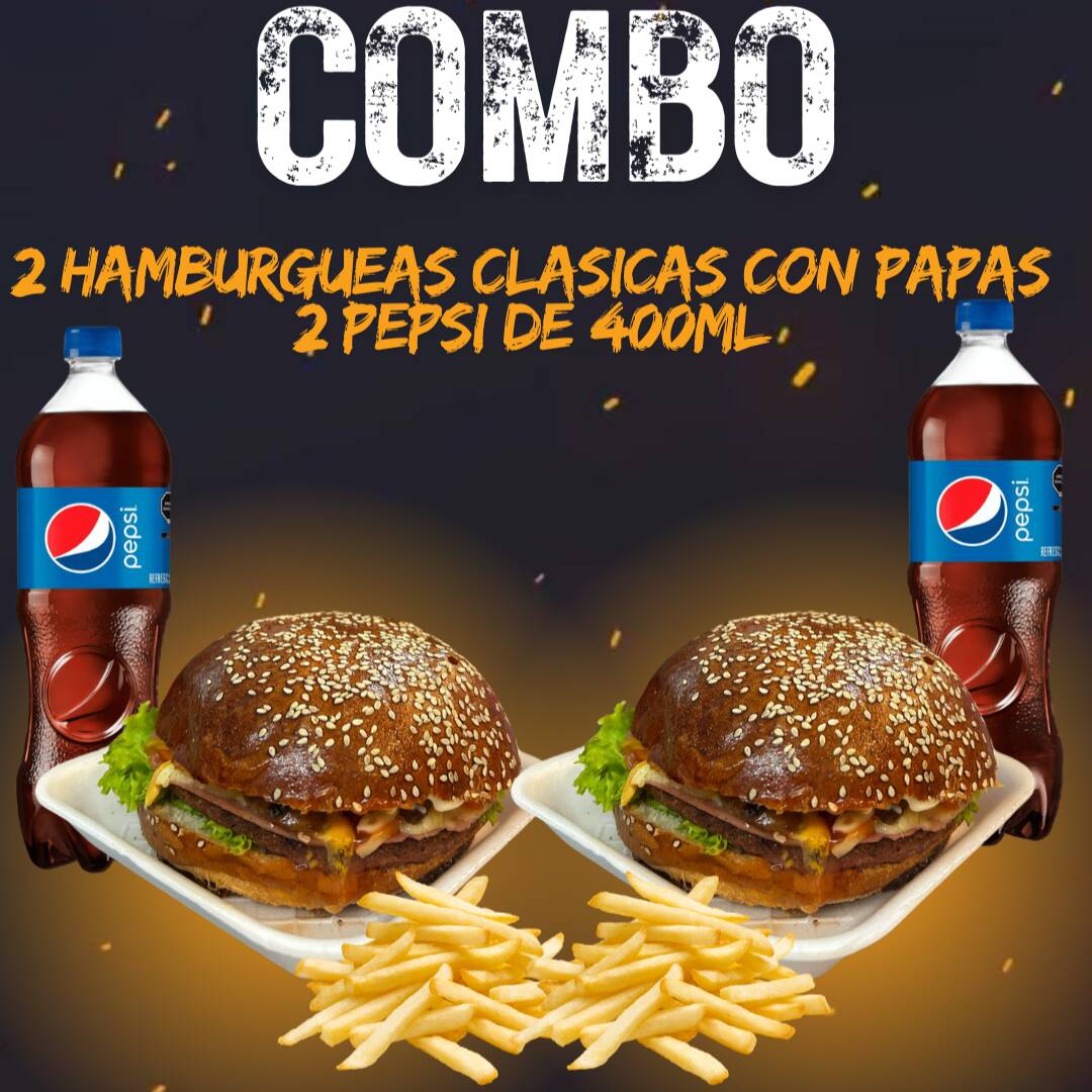 2 CLASICAS CON PAPAS CON 2 PEPSI DE 400ML