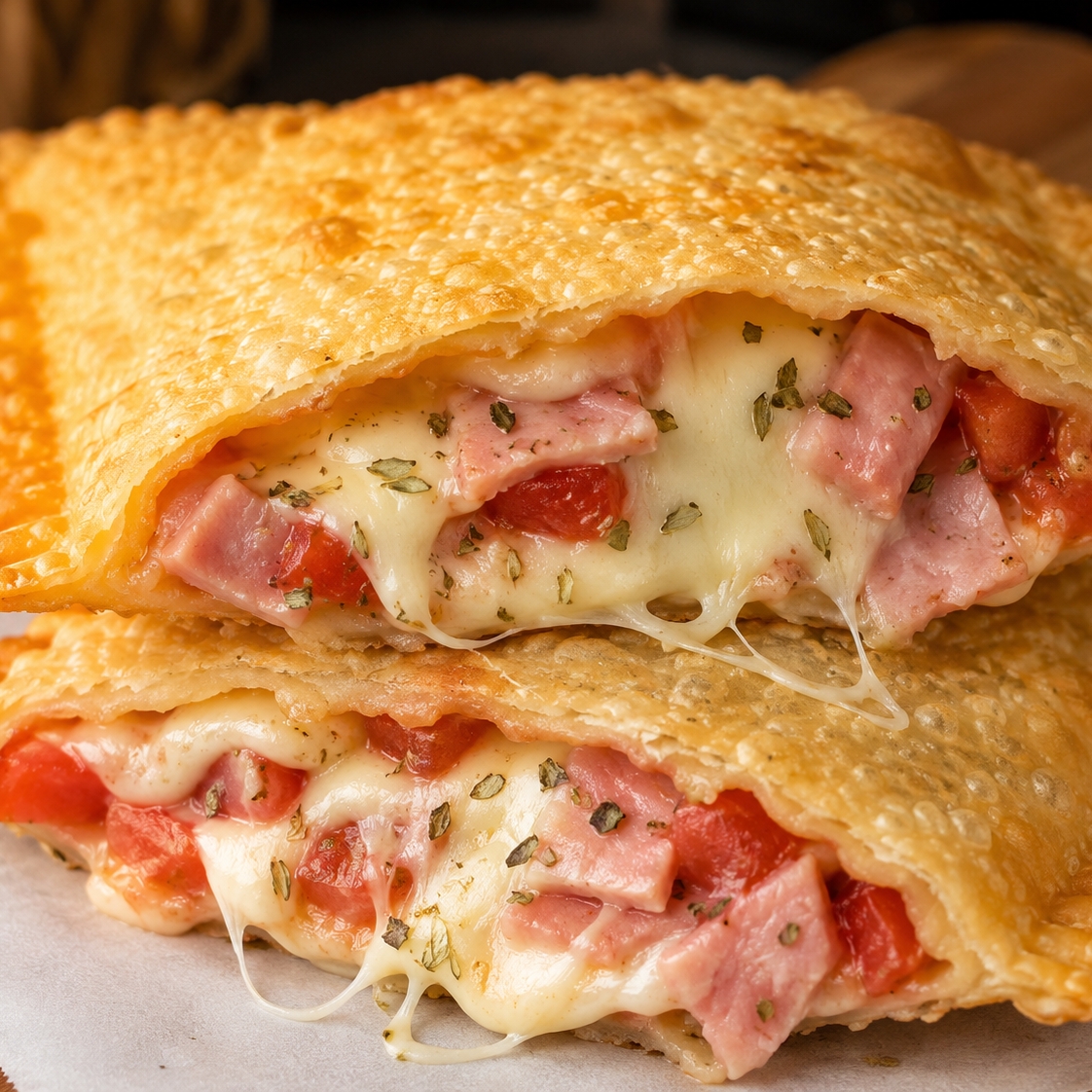 Nosso pastel é feito com massa leve e sequinha, que fica dourada e crocante na medida certa, envolvendo um recheio generoso de queijo derretido, presunto, tomate e orégano.