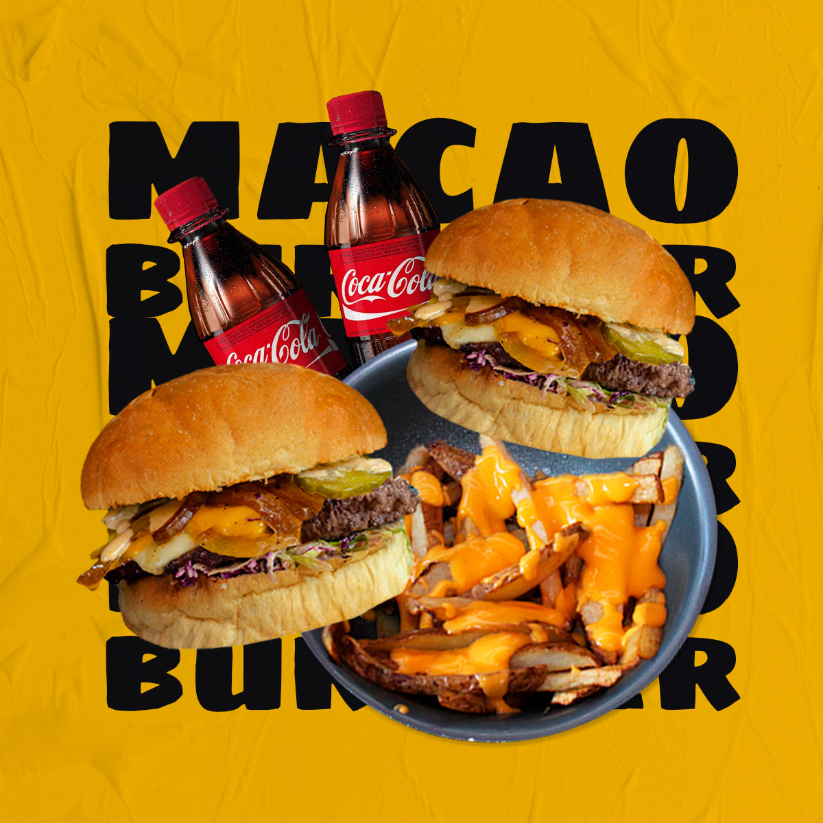 2 Burgers con papas con queso y 2 Cocacolas