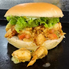 Maionese, tomate, alface, presunto, ovo, milho, queijo, frango desfiado, catupiry e bacon