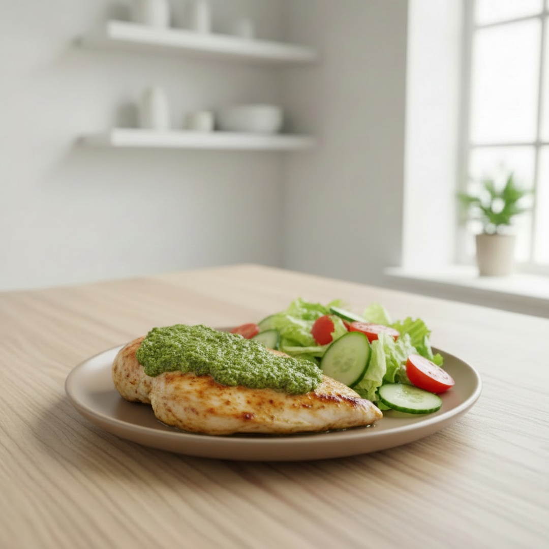 Peito de frango grelhado ao molho pesto aromático, acompanhado de um purê rústico com pedacinhos de batata e uma salada mix fresca e crocante. Um prato leve e saboroso, que combina ingredientes simples e deliciosos em perfeita harmonia.