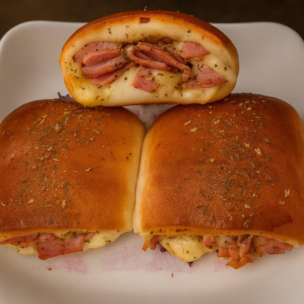Massa macia e douradinha recheada com presunto, queijo, tomate e orégano — todos os ingredientes picados, garantindo sabor bem distribuído em cada mordida.