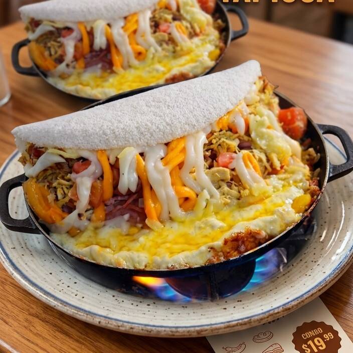 Deliciosa tapioca recheada com presunto calabresa bacon salsicha tomate cebola cheddar catupity milho e uma deliciosa borda de mussarela para finalizar