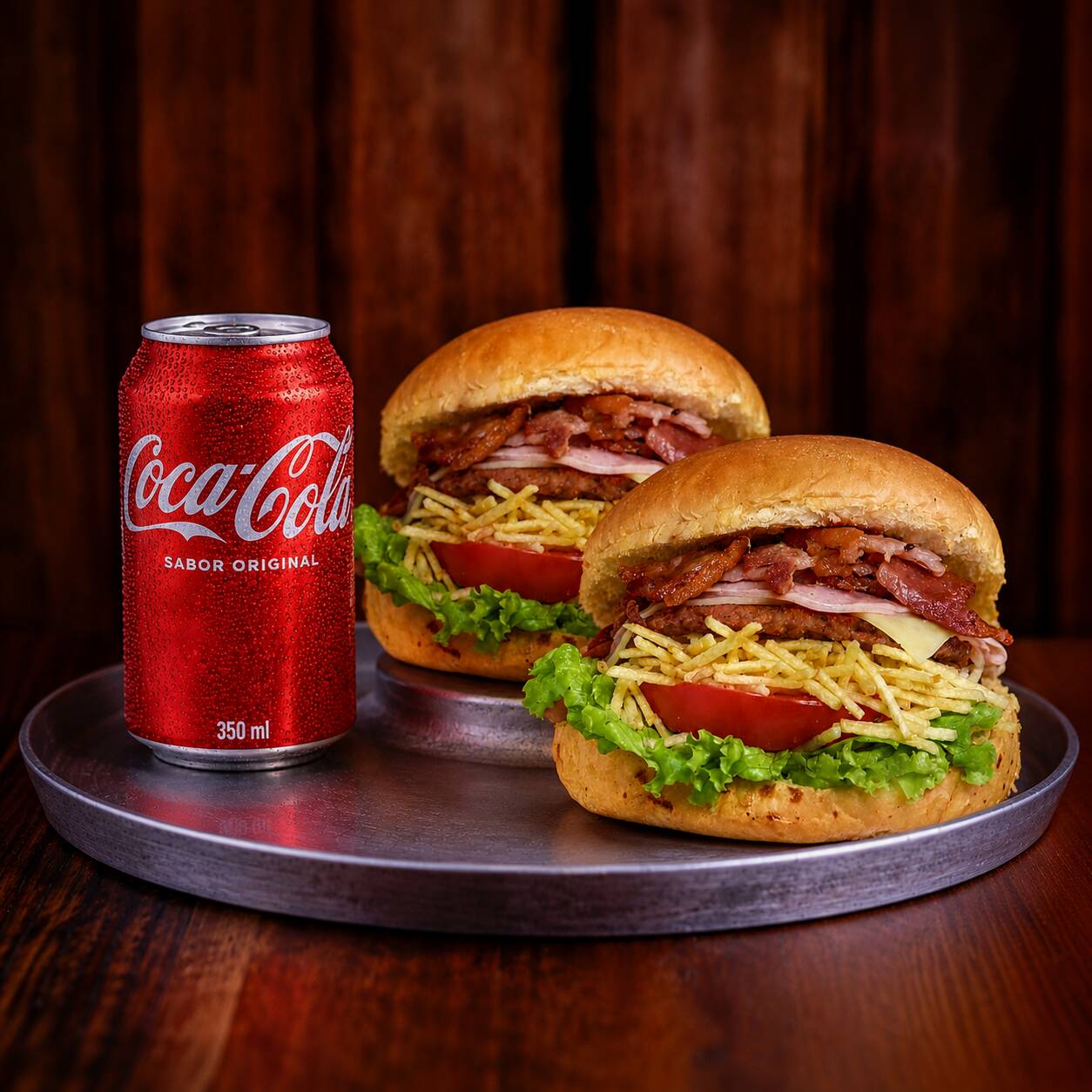 Pão macio com hambúrguer de 100g, muçarela derretida, bacon crocante, Catupiry cremoso, alface, tomate, milho verde e batata palha. Uma combinação completa e irresistível.