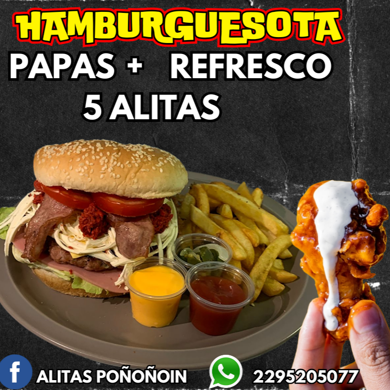 HAMBURGUESA+5 ALITAS+PAPAS+REFRESCO