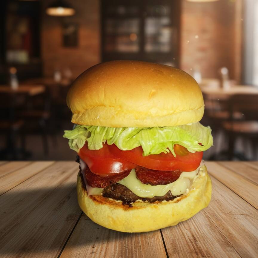 Pão brioche, Maionese, Hamburguer artesanal 120g, queijo mussarela, presunto, calabresa, tomate, alface americana.