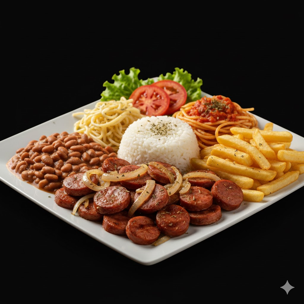 Calabresa acebolada,arroz,feijão, macarrão,batata frita,salada,orégano,creme de alho,barbecue,e queijo ralado