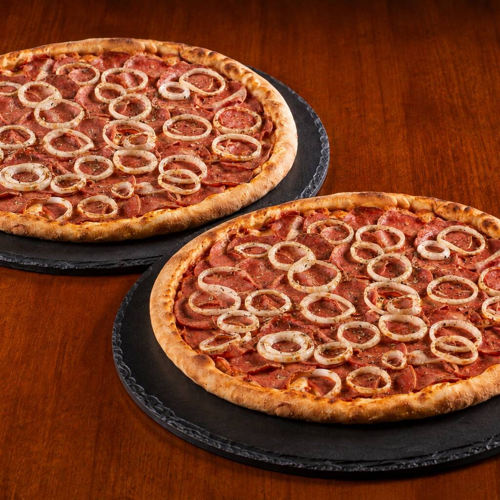 O combo perfeito para a família. 2 Pizzas Grandes de 35cm (8 fatias cada) no sabor clássico que mais vende.
Duas pizzas de calabresa - Molho de tomate artesanal, queijo mussarela, linguiça calabresa, cebola e orégano.