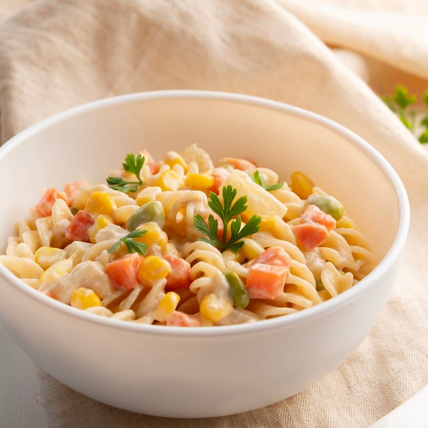 Salada de macarrão com maionese e temperos da casa.