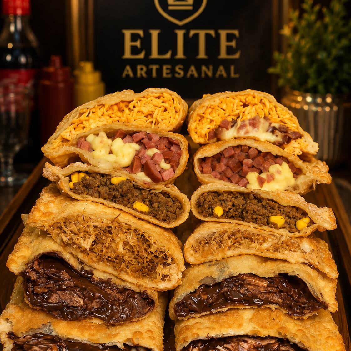 Escolha 4 Pastéis Elite Explodindo de recheio muito bem temperado +1 refrigerante