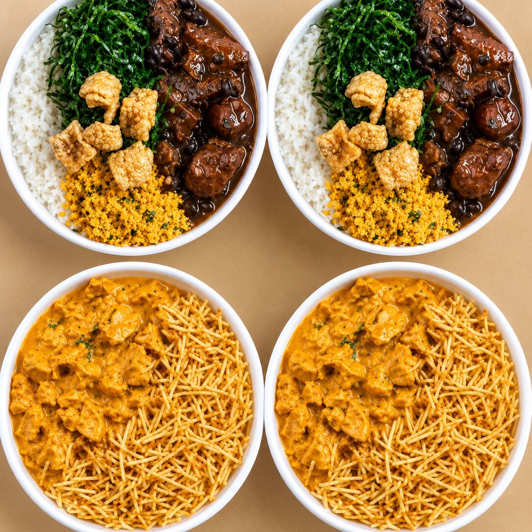 2 Marmitex de Feijoada simples acompanha: Arroz branco, lombo suino, linguiça calabresa, bacon, couve refogada na manteiga, farofa temperada + 2 marmitex completas, strogonoff de frango com batata palha acompanha arroz branco fresquinho. Marmita Indicada para 4 pessoas