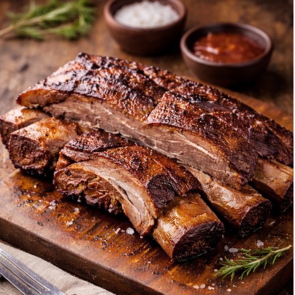 Costela preparada lentamente até atingir maciez perfeita, suculenta por dentro e levemente dourada por fora, com sabor marcante, serve aproximadamente 2 pessoas.