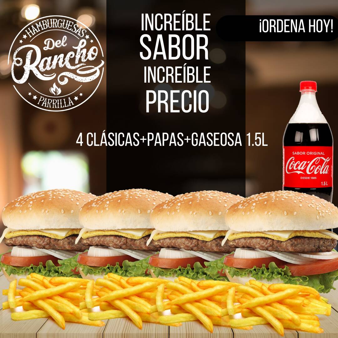 Combo Familiar 4 Clasicas + Papas y Gaseosa 1.5L